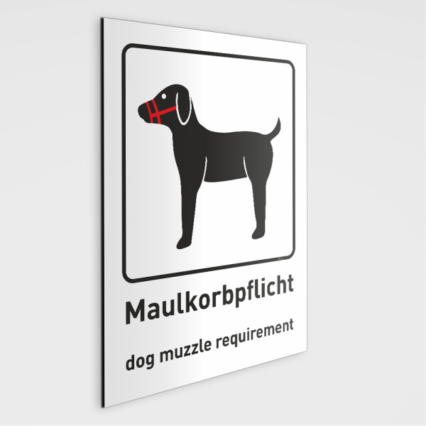 Maulkorb Pflicht für Hunde Schild, Beschreibung auf Deutsch und Englisch