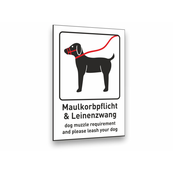 Maulkorb und Leinenzwang für Hunde Schild, Beschreibung auf Deutsch und Englisch