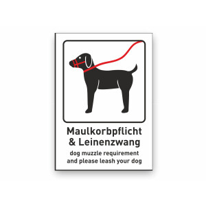 Maulkorb und Leinenzwang f&uuml;r Hunde Schild, Beschreibung auf Deutsch und Englisch