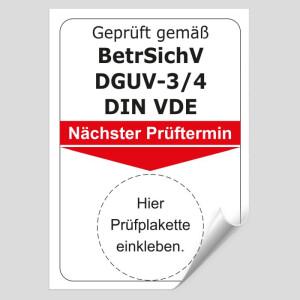 Grundplakette Gepr&uuml;ft gem&auml;&szlig; BetrSichV DGUV-3-4 DIN VDE