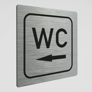 WC Hinweisschild,WC Schild mit Richtungspfeil links, Alu silber geb&uuml;rstet