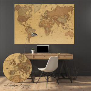 Weltkarte als Aufkleber oder Poster selbstklebend, Wandtattoo world map in antik Optik